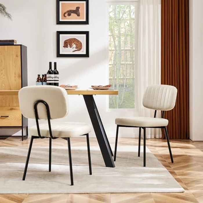 Sweetcrispy Dining Chairs Set of 6, Upholstered Mid Century Modern Kitchen Accent Chairs with Faux Leather Cushion Seat & Metal Legs for Home Office, Living Room - Beige White by Sweetcrispy - Used - Like New condition - US$143.00