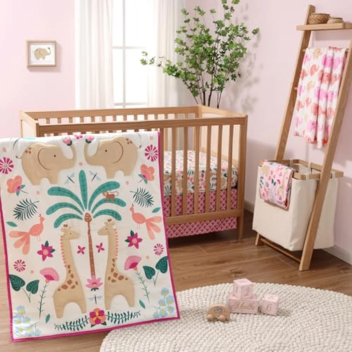 The Peanutshell 5 Piece Baby Crib Bedding Set for Girls - Newborn, Infant & Toddler Nursery Bed Set Decor with Fitted Crib Sheets, Blanket, Dust Ruffle Comforter - Bright Safari by The Peanutshell - Used - Very Good condition - CA$34.21