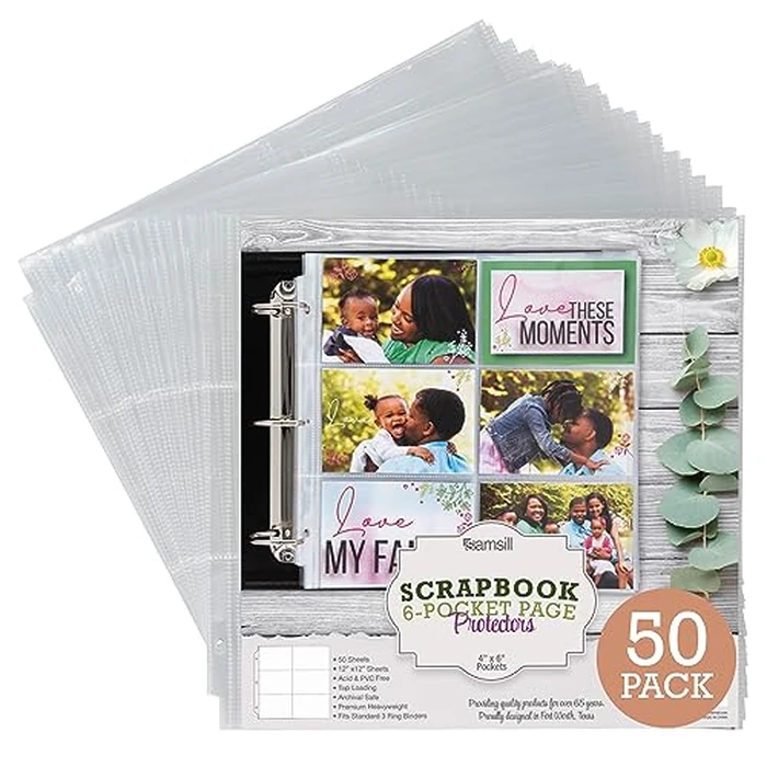 Samsill Scrapbook 6 Pocket Refill Pages 12x12 Inch, 50 Pack, Fits 3 Ring Scrapbook Binders and 12x12 Photo Albums, Holds 12 4x6 Inch Photos, Top-Loading, Heavy-Duty, Super Clear by Samsill - Used - Good condition