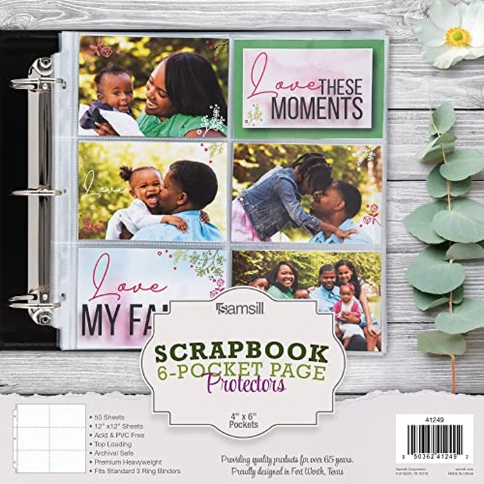 Samsill Scrapbook 6 Pocket Refill Pages 12x12 Inch, 50 Pack, Fits 3 Ring Scrapbook Binders and 12x12 Photo Albums, Holds 12 4x6 Inch Photos, Top-Loading, Heavy-Duty, Super Clear by Samsill - Image 9