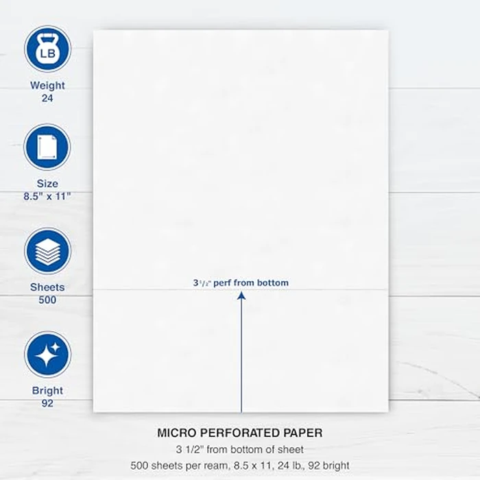 PrintWorks Professional 3 1/2" Horizontal Perforated Paper 8.5” x 11” - Perfect for W-2, 1099, & Statement Use - Made in the USA - 500 Sheets - 24 lb - Printer Compatible - White (04130) by PrintWorks - Image 3
