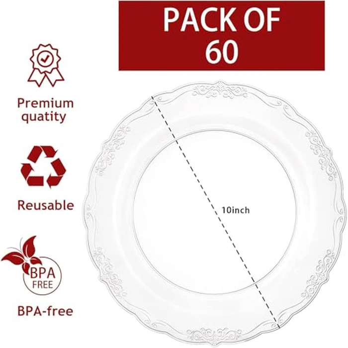 U-QE 60 Pieces Clear Plastic Plates - 10 Inch Clear Disposable Plates - Washable & Reusable - Premium Hard Disposable Dinner Plates - Party Supplies for Birthdays, Celebrations, Wedding and Events by U-QE - Image 2