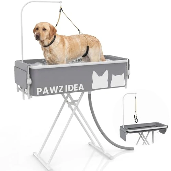 PAWZIDEA 2-in-1 Portable Dog Bathtub & Grooming Table for Medium to Large Dogs up 150lb, 43" Foldable Dog Washing Station, 5-Height Adjustable Elevated Pet Shower Bath, 1.8" Fast Drain, Indoor Outdoor by PAWZIDEA - Image 1