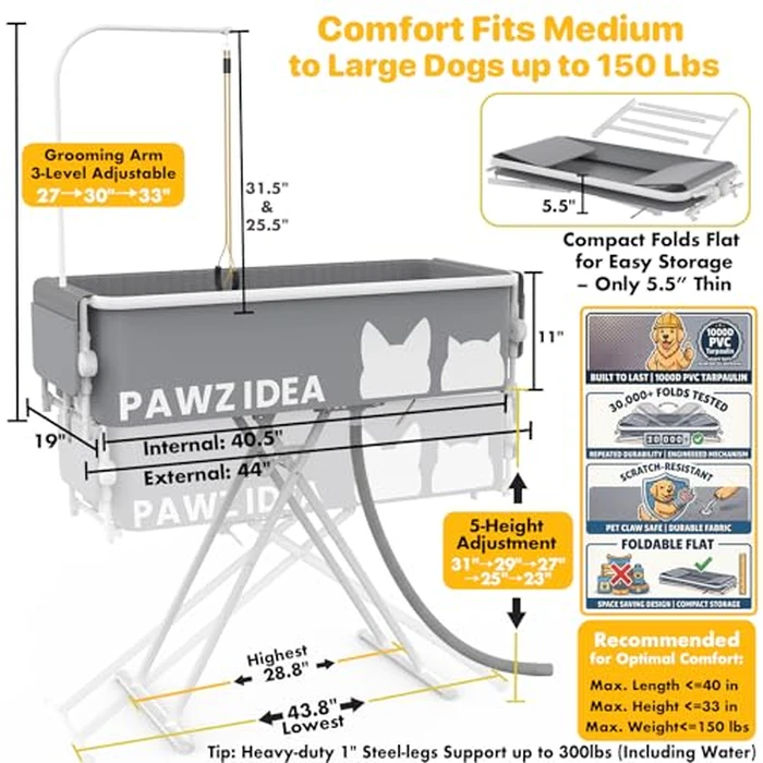 PAWZIDEA 2-in-1 Portable Dog Bathtub & Grooming Table for Medium to Large Dogs up 150lb, 43" Foldable Dog Washing Station, 5-Height Adjustable Elevated Pet Shower Bath, 1.8" Fast Drain, Indoor Outdoor by PAWZIDEA - Image 2