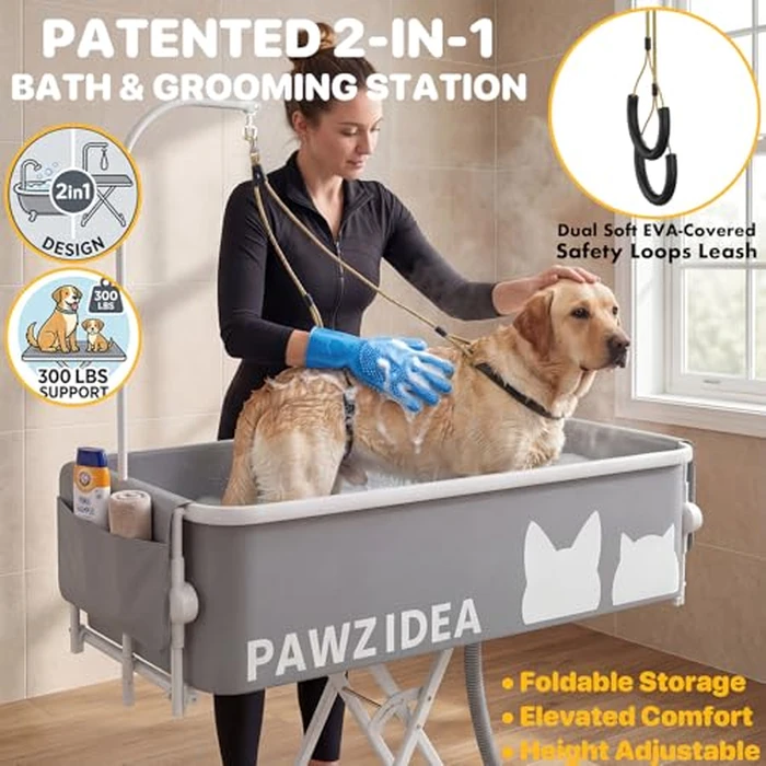 PAWZIDEA 2-in-1 Portable Dog Bathtub & Grooming Table for Medium to Large Dogs up 150lb, 43" Foldable Dog Washing Station, 5-Height Adjustable Elevated Pet Shower Bath, 1.8" Fast Drain, Indoor Outdoor by PAWZIDEA - Image 3