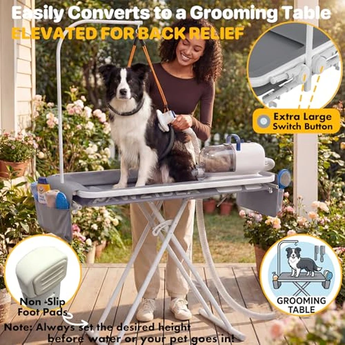 PAWZIDEA 2-in-1 Portable Dog Bathtub & Grooming Table for Medium to Large Dogs up 150lb, 43" Foldable Dog Washing Station, 5-Height Adjustable Elevated Pet Shower Bath, 1.8" Fast Drain, Indoor Outdoor by PAWZIDEA - Image 4