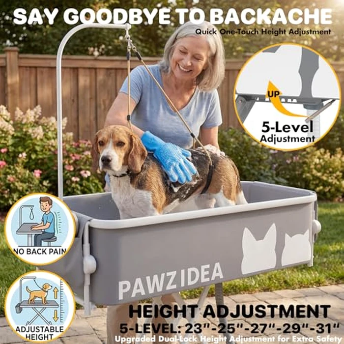 PAWZIDEA 2-in-1 Portable Dog Bathtub & Grooming Table for Medium to Large Dogs up 150lb, 43" Foldable Dog Washing Station, 5-Height Adjustable Elevated Pet Shower Bath, 1.8" Fast Drain, Indoor Outdoor by PAWZIDEA - Image 5