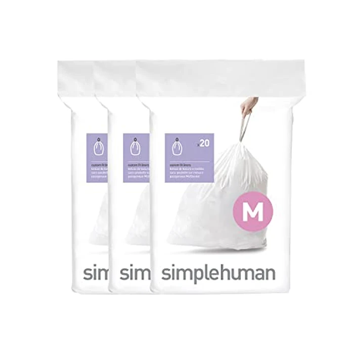 simplehuman Code M 60 Count, Dispenser Pack Custom Fit Liners, Drawstring Trash Bags, 45L / 12 Gallons, White by simplehuman - Used - Like New condition - CA$24.90