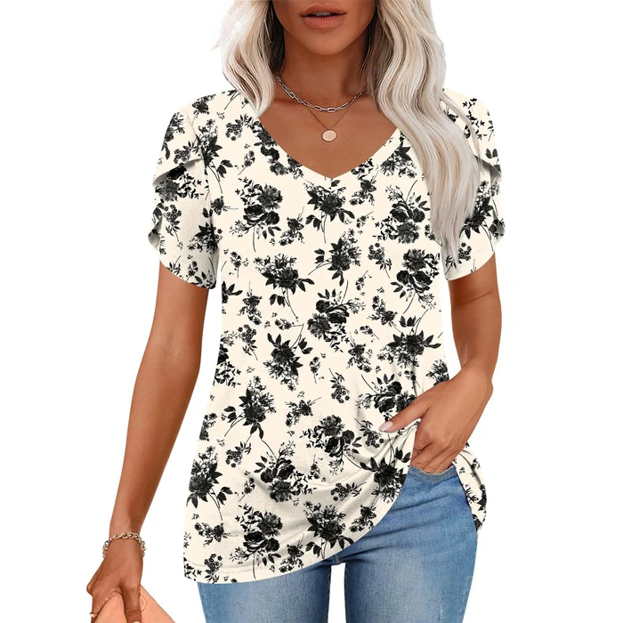 CATHY 2026 Women's Tops Casual Shirts Short Sleeve V Neck Comfy Plus Size Basic Blouse for Leggings Black Rose XX-Large by CATHY - Image 1