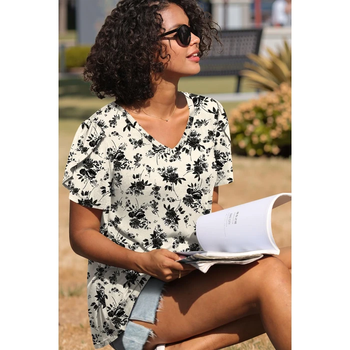 CATHY 2026 Women's Tops Casual Shirts Short Sleeve V Neck Comfy Plus Size Basic Blouse for Leggings Black Rose XX-Large by CATHY - Image 2