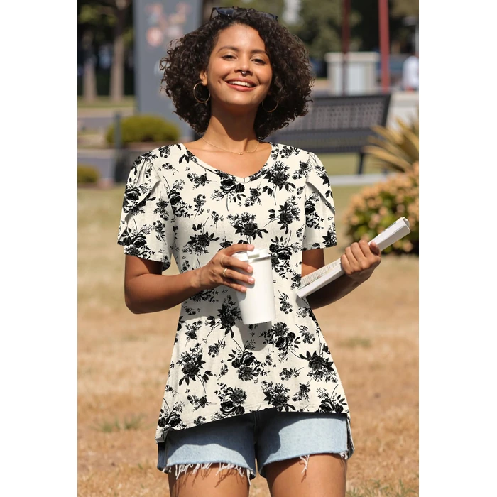 CATHY 2026 Women's Tops Casual Shirts Short Sleeve V Neck Comfy Plus Size Basic Blouse for Leggings Black Rose XX-Large by CATHY - Image 3