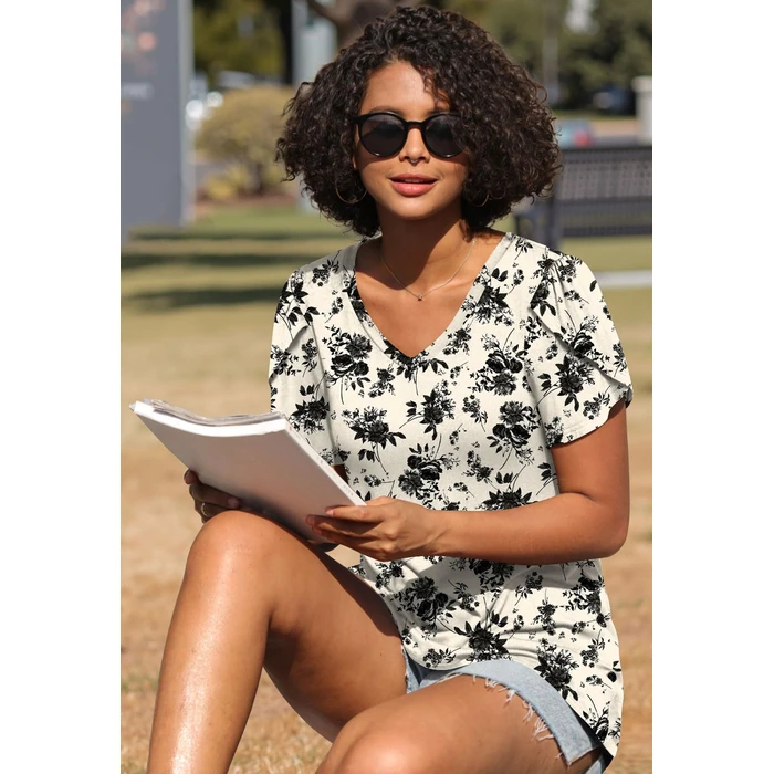 CATHY 2026 Women's Tops Casual Shirts Short Sleeve V Neck Comfy Plus Size Basic Blouse for Leggings Black Rose XX-Large by CATHY - Image 4