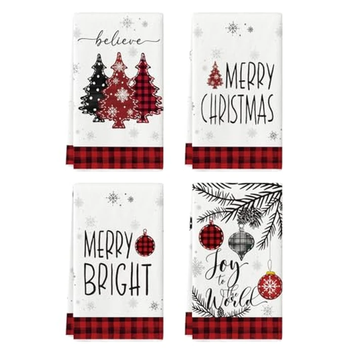 Artoid Mode Red Black Xmas Trees Cross Ball Stripes Believe Merry Christmas Kitchen Towels Dish Towels, 18x26 Inch Winter Decoration Hand Towels Set of 4 by Artoid Mode - Image 1