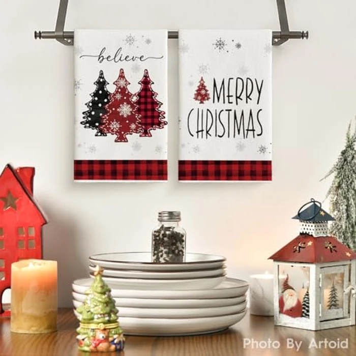 Artoid Mode Red Black Xmas Trees Cross Ball Stripes Believe Merry Christmas Kitchen Towels Dish Towels, 18x26 Inch Winter Decoration Hand Towels Set of 4 by Artoid Mode - Image 2