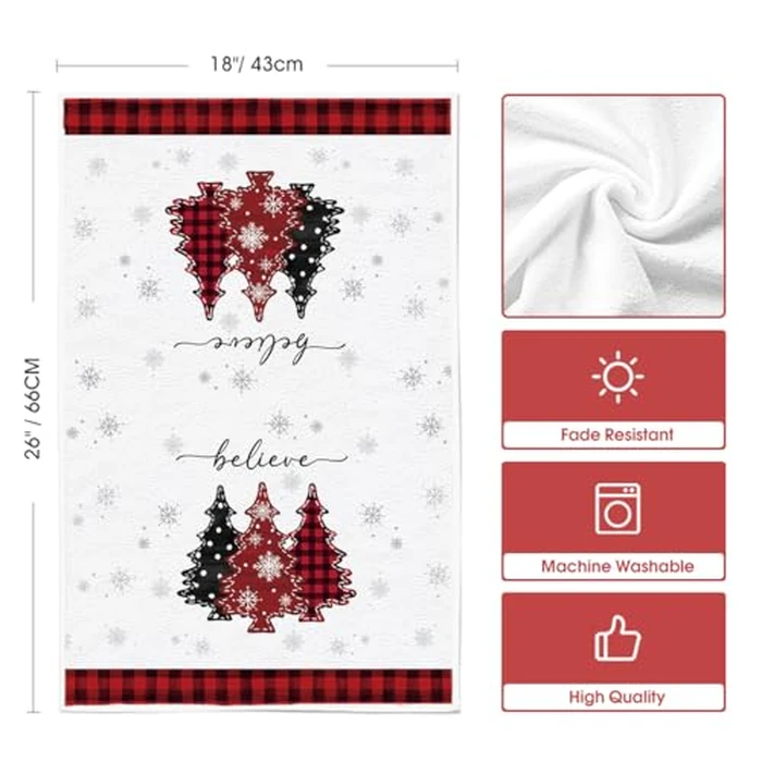 Artoid Mode Red Black Xmas Trees Cross Ball Stripes Believe Merry Christmas Kitchen Towels Dish Towels, 18x26 Inch Winter Decoration Hand Towels Set of 4 by Artoid Mode - Image 6