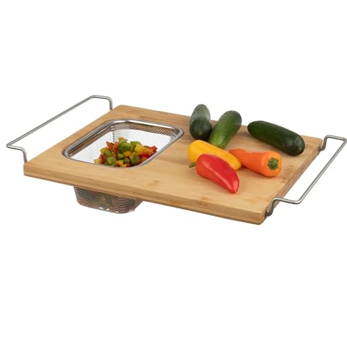 Cutting Board with Strainer - 2 in 1 Adjustable Bamboo Chopping Board with Removable Stainless Steel Colander for Over The Sink by Classic Cuisine by Classic Cuisine - Used - Good condition