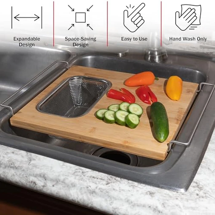 Cutting Board with Strainer - 2 in 1 Adjustable Bamboo Chopping Board with Removable Stainless Steel Colander for Over The Sink by Classic Cuisine by Classic Cuisine - Image 3