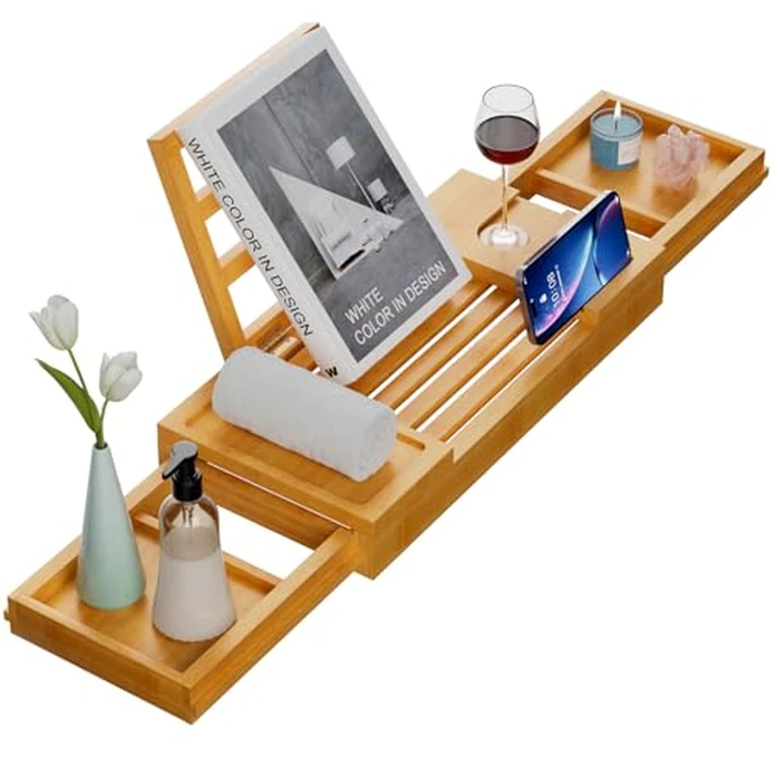 Yirilan Bamboo Bathtub Tray, Expandable Bath Tray for Tub, Bathroom Trays for Bathtub, Bathtub Caddy, Gift for Loved Ones (Bamboo) by Yirilan - Used - Very Good condition