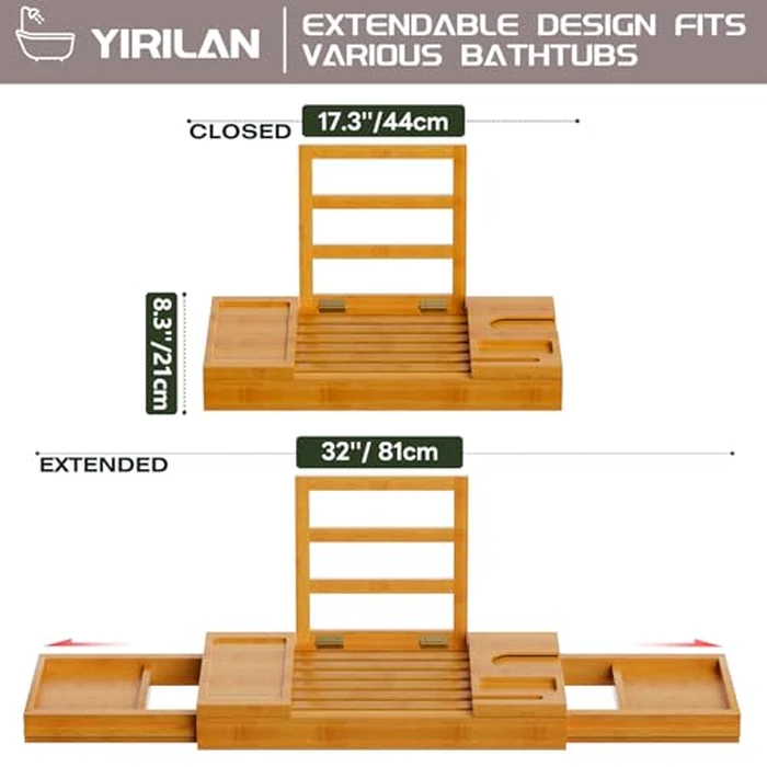 Yirilan Bamboo Bathtub Tray, Expandable Bath Tray for Tub, Bathroom Trays for Bathtub, Bathtub Caddy, Gift for Loved Ones (Bamboo) by Yirilan - Image 2