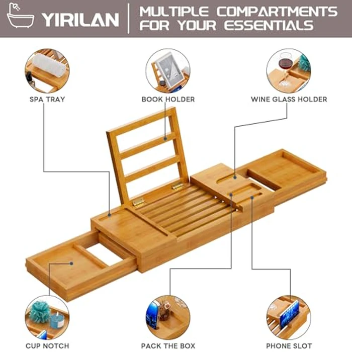 Yirilan Bamboo Bathtub Tray, Expandable Bath Tray for Tub, Bathroom Trays for Bathtub, Bathtub Caddy, Gift for Loved Ones (Bamboo) by Yirilan - Image 3