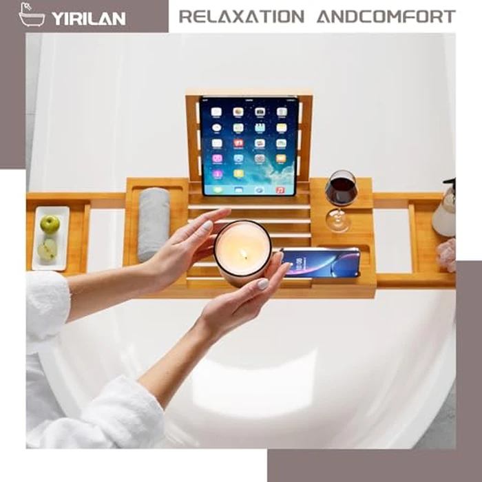 Yirilan Bamboo Bathtub Tray, Expandable Bath Tray for Tub, Bathroom Trays for Bathtub, Bathtub Caddy, Gift for Loved Ones (Bamboo) by Yirilan - Image 6
