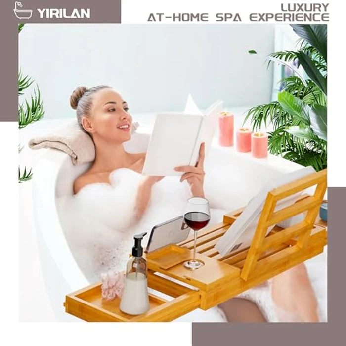 Yirilan Bamboo Bathtub Tray, Expandable Bath Tray for Tub, Bathroom Trays for Bathtub, Bathtub Caddy, Gift for Loved Ones (Bamboo) by Yirilan - Image 7