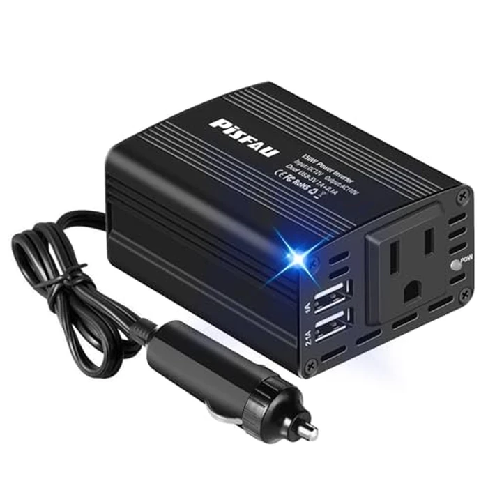 150W Power Inverter 12V DC to 110V AC Car Plug Adapter Outlet Converter with 3.1A Dual USB AC car Charger for Laptop Computer Black by PiSFAU - Image 1