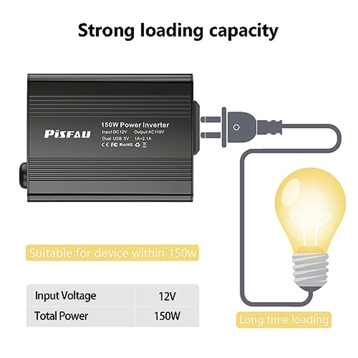 150W Power Inverter 12V DC to 110V AC Car Plug Adapter Outlet Converter with 3.1A Dual USB AC car Charger for Laptop Computer Black by PiSFAU - Image 5