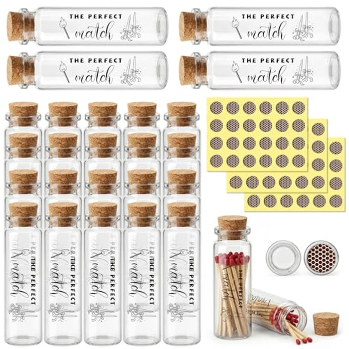50 Set Empty Matches Jars with Cork Top and Striker Stickers, Wedding Match Holder with Striker, Small Glass Bottles for DIY Wedding Bridal Shower Party Favors Guests Gifts by QsiuYbng - Image 1