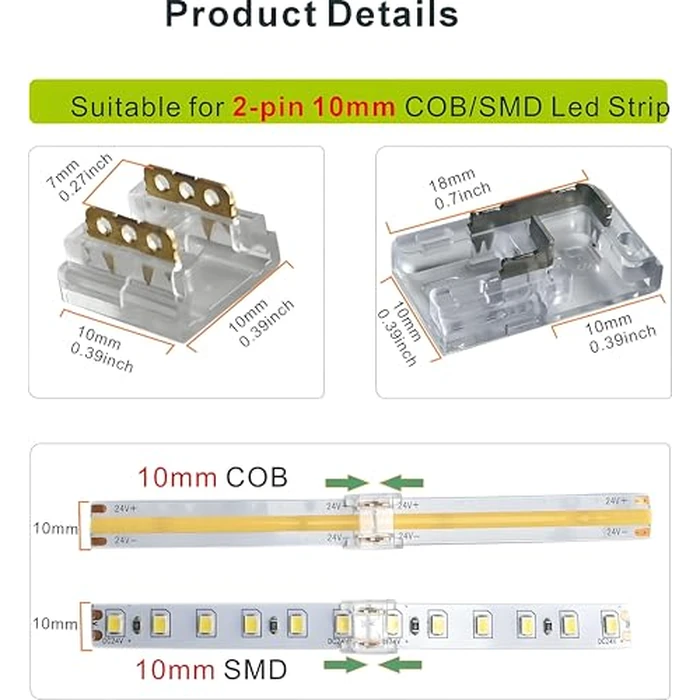 SWOTU 24Pcs 2Pin 10mm Straight & L Shape Led Strip connectors for 10mm Width COB/SMD Single Color Led Strips by SWOTU - Image 2