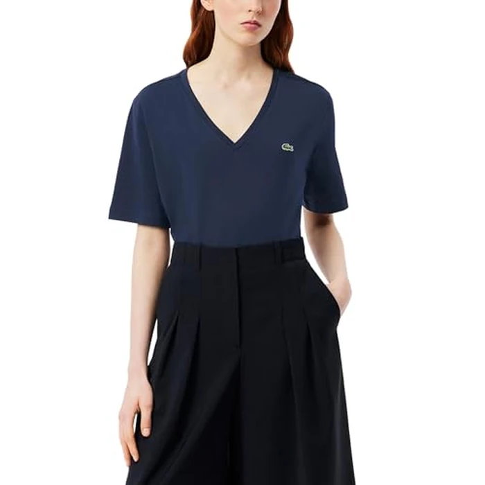 Lacoste Women's Relaxed Fit Soft Cotton V Neck T-Shirt, Navy Blue, 12 by Lacoste - Used - Like New condition - US$48.11