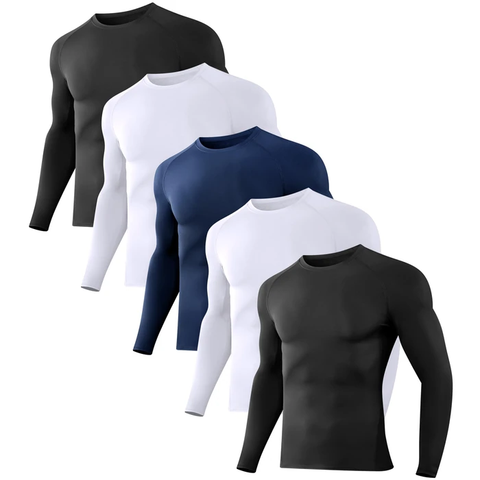 Dalavch 5 Pack Men’s Compression Shirts Long Sleeve Athletic Workout Rash Guard Gym Active Sports Undershirt Base Layer Top 2 Black 2 White 1 Blue Large by Dalavch - Used - Like New condition - US$25.09
