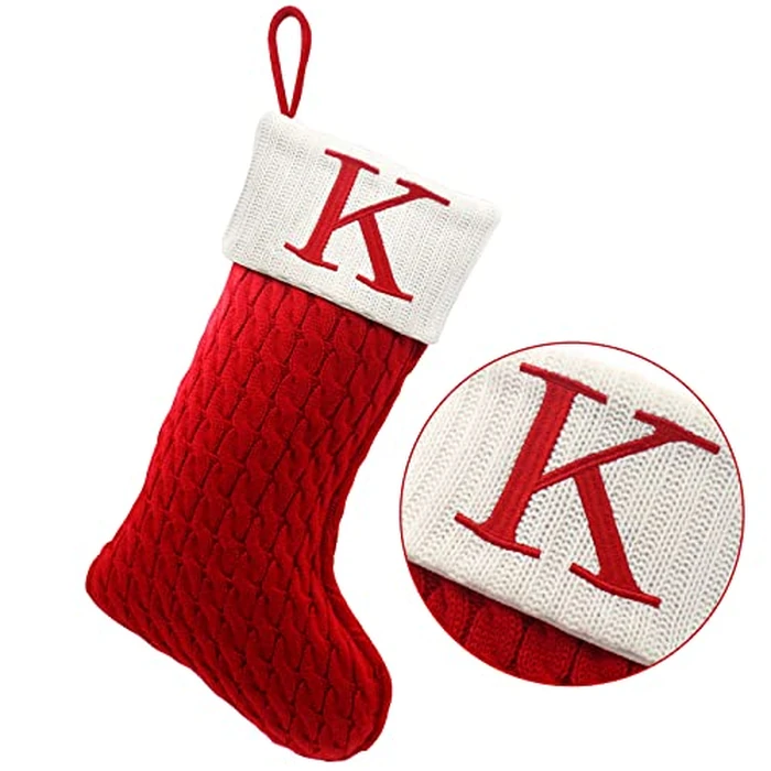 ZOEA 20 Inches Christmas Stockings with Initials, Large Embroidered Letter Knit Christmas Stocking for Family Holiday Decorations and Xmas Gift (K, Red) by ZOEA - Used - Like New condition - US$6.81