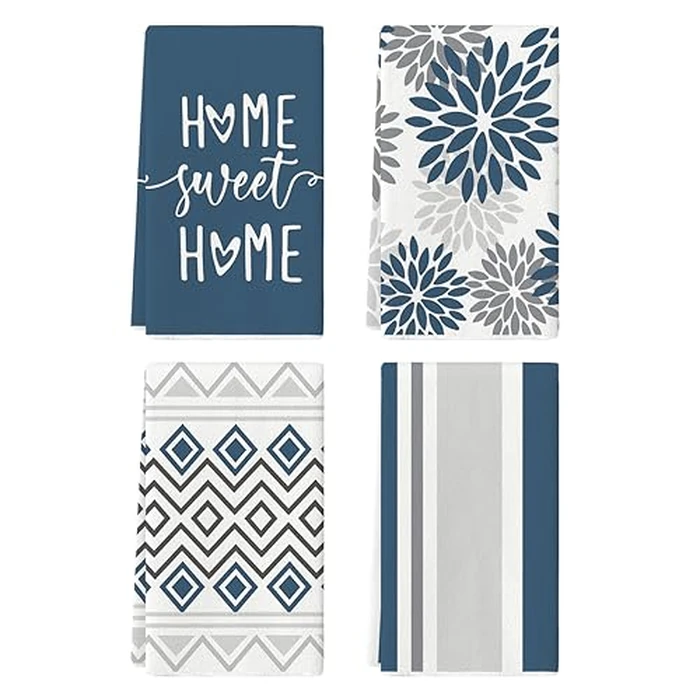 Artoid Mode Blue Grey Stripes Home Sweet Home Boho Winter Kitchen Towels Dish Towels, 18x26 Inch Christmas Holiday Decoration Hand Towels Set of 4 by Artoid Mode - Image 1