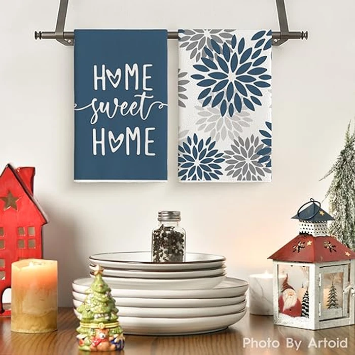 Artoid Mode Blue Grey Stripes Home Sweet Home Boho Winter Kitchen Towels Dish Towels, 18x26 Inch Christmas Holiday Decoration Hand Towels Set of 4 by Artoid Mode - Image 2
