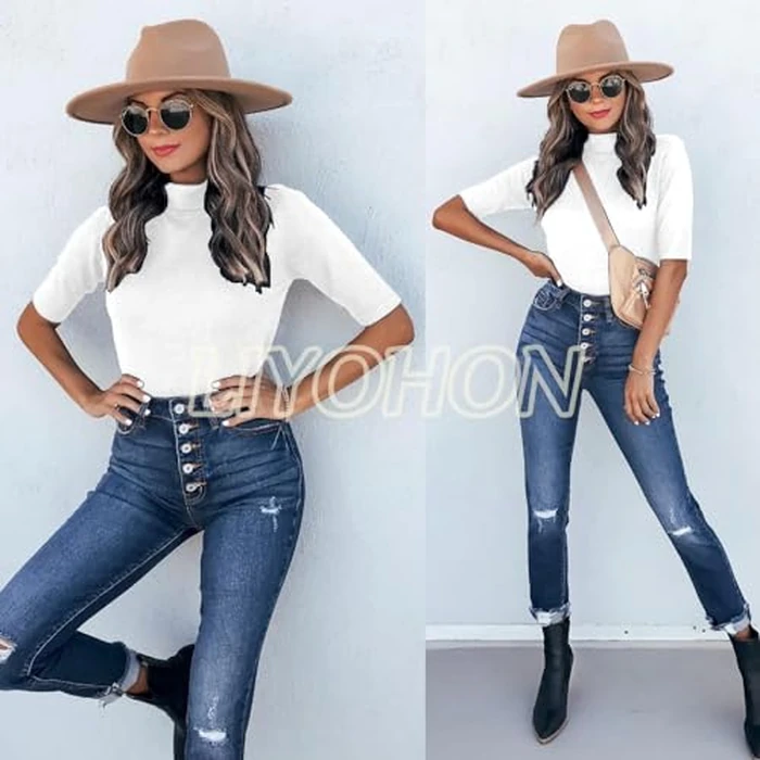 LIYOHON Womens Tops Dressy Casual Mock Turtleneck Business Short Sleeve T Shirts Going Out Tops 2025 White-S by LIYOHON - Image 2