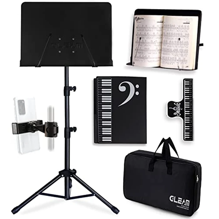 GLEAM Sheet Music Stand - Full Metal with Carrying Bag, Phone Holder, Sheet Music Folder and Clip, 5 in 1 Desktop Book Stand - Black by GLEAM - Image 1