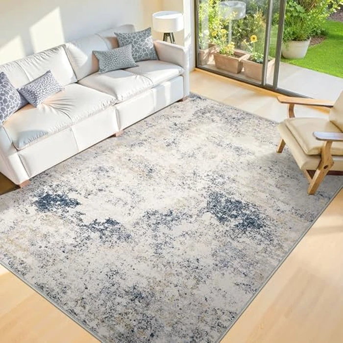 5x8 Washable Area Rugs - Modern Abstract Rugs for Living Room Non-Slip Low Pile Soft Machine Washable Carpet for Bedroom, Dining Room, Nursery, Home Office, Farmhouse (5'x8' Beige Blue) by Kiginara - Used - Very Good condition - CA$69.25