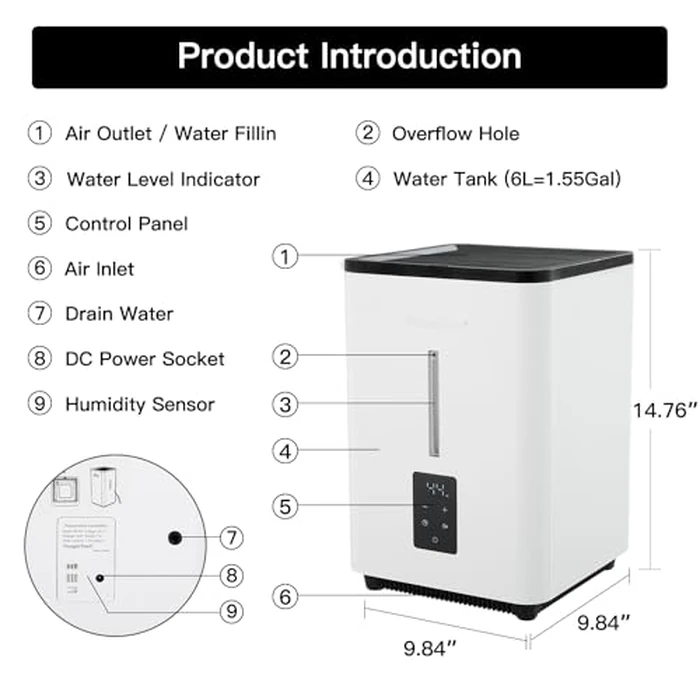 YougetTech Evaporative Humidifiers for Bedroom Large Room|1.55Gallons|20W evaporative cool mist humidifier|7 Speed | MAX Output 1000 ml/h | Auto Humid | Top Filling by YougetTech - Image 7