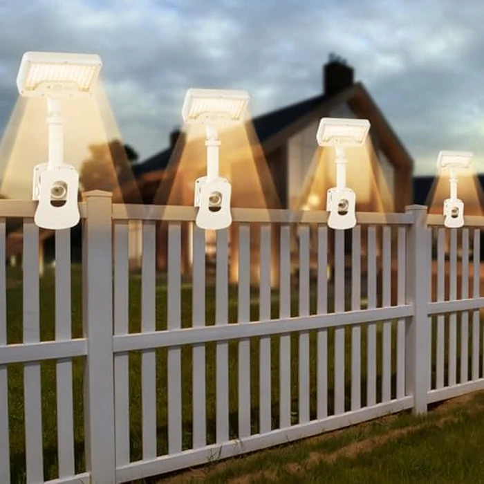 Clip On Solar Lights Outdoor with Motion Sensor, 360 degreesRotatable & Vertically Adjustable Solar Fence Lights with 92 LEDs (600 LM, 3000 K),IP65 Waterproof Security Light for Deck, Gutter（White, 4 Pack） by sunlight encounter - Used - Very Good condition