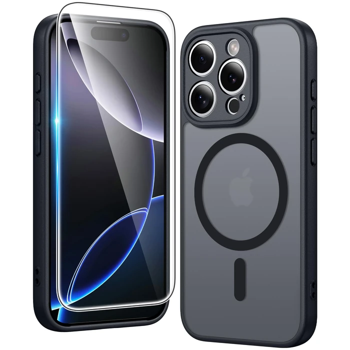 FNTCASE for iPhone 16 Pro-Max Case: Matte Magnetic Phone Cases with Screen Protector Compatible with Magsafe Slim Anti Yellowing Rugged Shockproof Protective Translucent Cell Cover (C-Black) by FNTCASE - Image 1