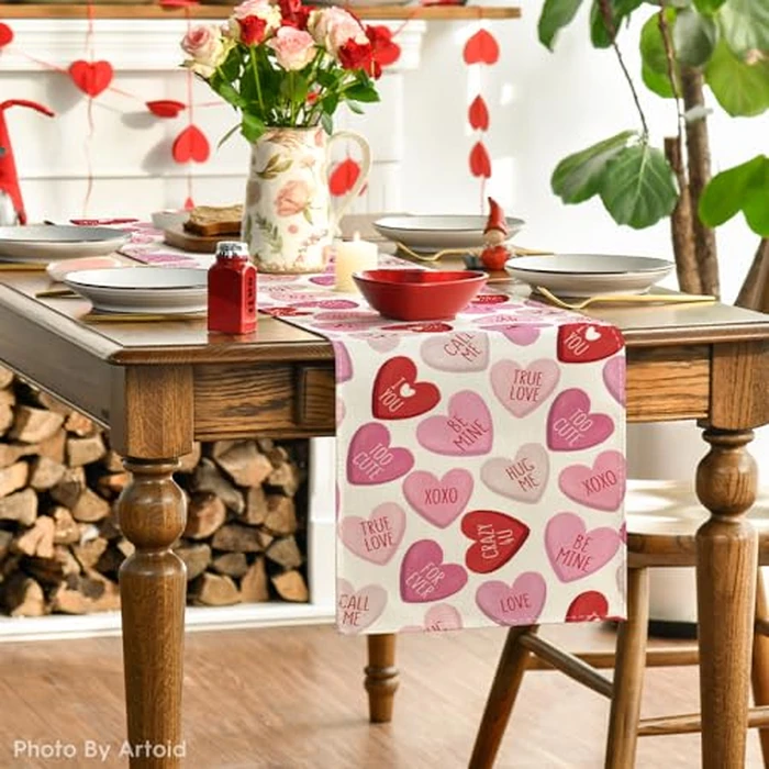 Artoid Mode Pink Ture Love Heart Valentine's Table Runner, Festival Anniversary Kitchen Dining Table Decoration for Home Party Decor 13x120 Inch by Artoid Mode - Image 3