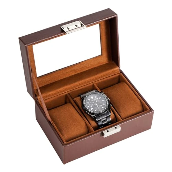 ProCase Watch Box, 3 Slot Mens Watch Case, Watch Storage Holder Organizer, Watch Display Case with Glass Lid, Anniversary Birthday Valentine Gifts for Men Women -3 Slot, Espresso by ProCase - Image 1