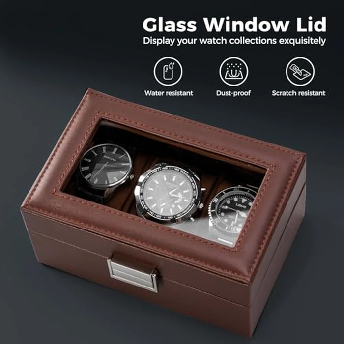 ProCase Watch Box, 3 Slot Mens Watch Case, Watch Storage Holder Organizer, Watch Display Case with Glass Lid, Anniversary Birthday Valentine Gifts for Men Women -3 Slot, Espresso by ProCase - Image 3
