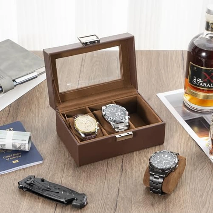 ProCase Watch Box, 3 Slot Mens Watch Case, Watch Storage Holder Organizer, Watch Display Case with Glass Lid, Anniversary Birthday Valentine Gifts for Men Women -3 Slot, Espresso by ProCase - Image 5