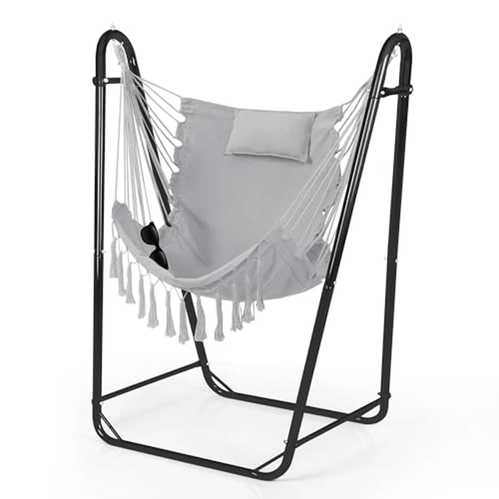 Hammock Chair with U Shape Stand, Cotton Swing Chair with Side Pocket, Heavy-Duty Metal Frame with Hanging Seat, Multi-Functional Swing Stand for Indoor and Outdoor Patio Yard Garden (Light Gray) by AUTOKAKUM - Used - Like New condition