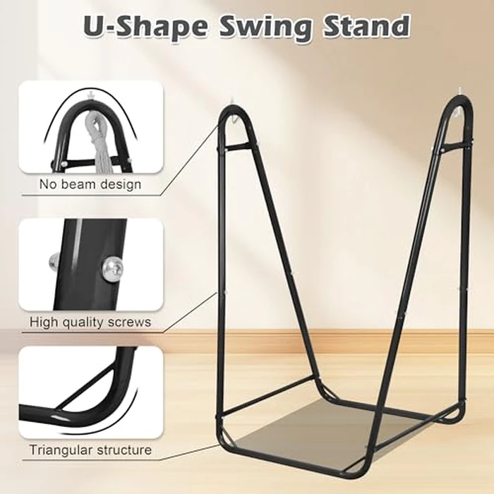 Hammock Chair with U Shape Stand, Cotton Swing Chair with Side Pocket, Heavy-Duty Metal Frame with Hanging Seat, Multi-Functional Swing Stand for Indoor and Outdoor Patio Yard Garden (Light Gray) by AUTOKAKUM - Image 3