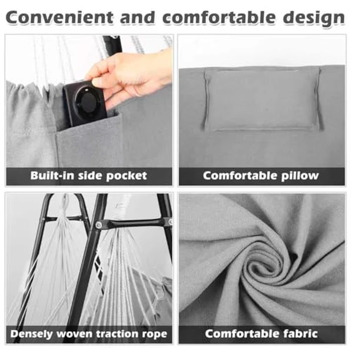 Hammock Chair with U Shape Stand, Cotton Swing Chair with Side Pocket, Heavy-Duty Metal Frame with Hanging Seat, Multi-Functional Swing Stand for Indoor and Outdoor Patio Yard Garden (Light Gray) by AUTOKAKUM - Image 4