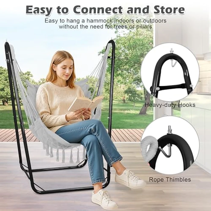 Hammock Chair with U Shape Stand, Cotton Swing Chair with Side Pocket, Heavy-Duty Metal Frame with Hanging Seat, Multi-Functional Swing Stand for Indoor and Outdoor Patio Yard Garden (Light Gray) by AUTOKAKUM - Image 5