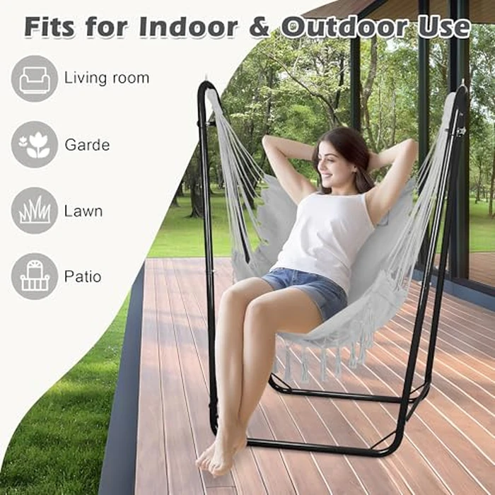 Hammock Chair with U Shape Stand, Cotton Swing Chair with Side Pocket, Heavy-Duty Metal Frame with Hanging Seat, Multi-Functional Swing Stand for Indoor and Outdoor Patio Yard Garden (Light Gray) by AUTOKAKUM - Image 6